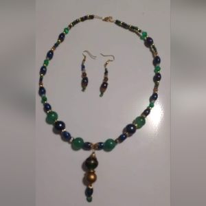 Hand crafted blue and green beaded necklace and earring set